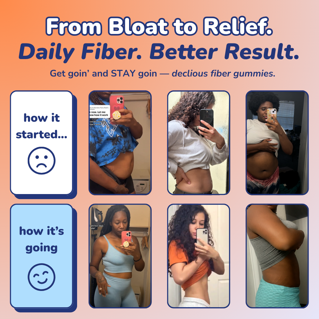 Advertisement for fiber gummies showing before and after images of a person's belly.
