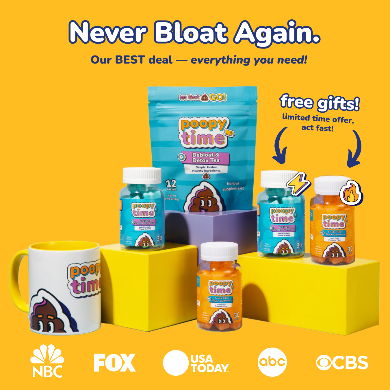 Promotional image of 'poopy time' products with a yellow background and branding logos.