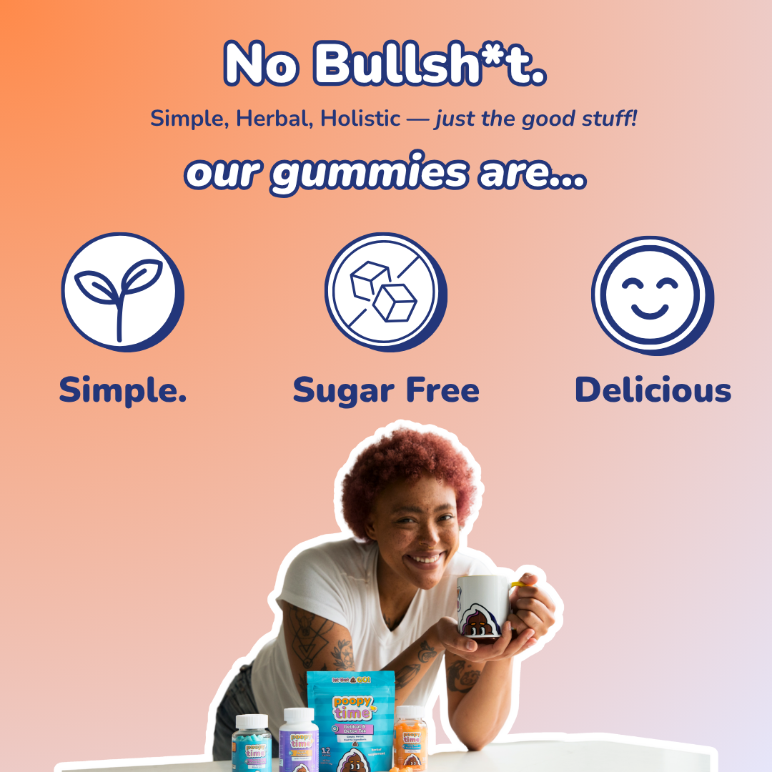 Person holding a mug with gummies and text about simple, herbal, holistic gummies on an orange and blue gradient background.