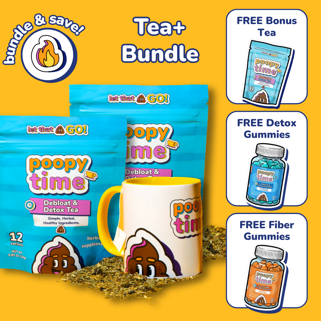 An advertisement for a 'poopy time' Tea+ Bundle, including tea, a mug, and various gummy supplements.