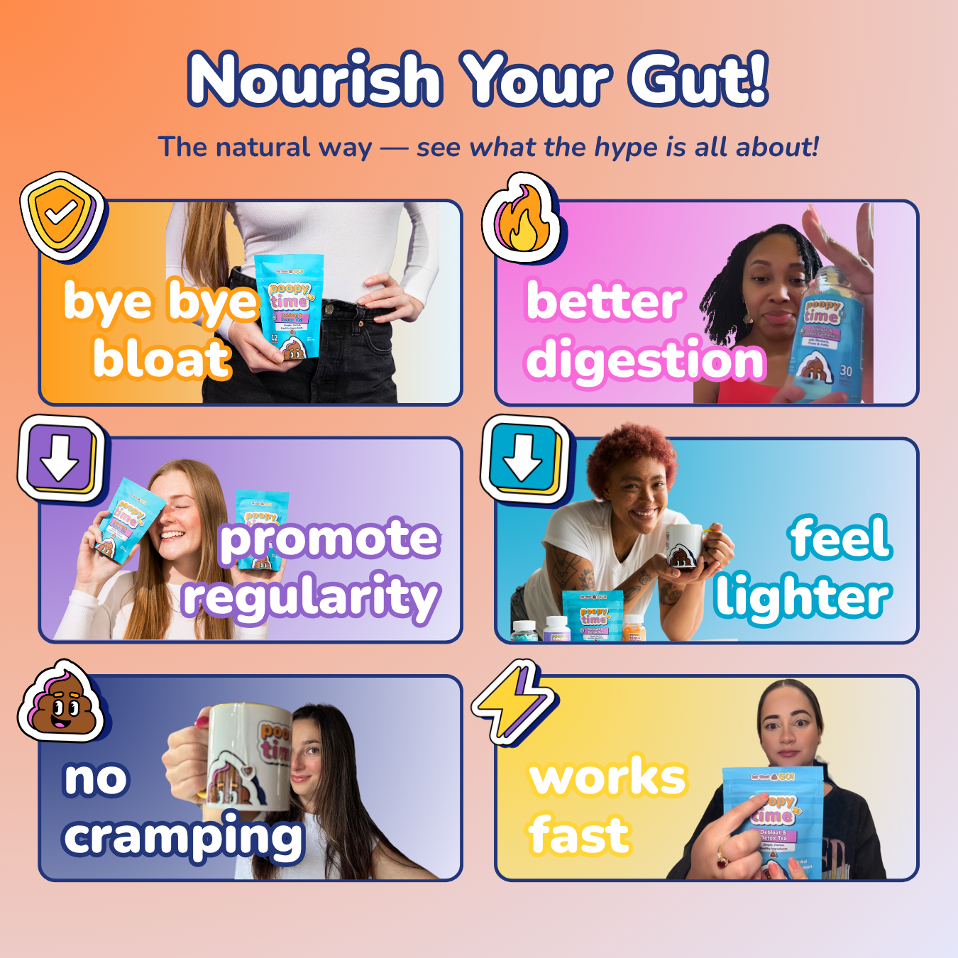 Promotional graphic for a product with text 'Nourish Your Gut!' and claims like 'bye bye bloat' and 'better digestion'.