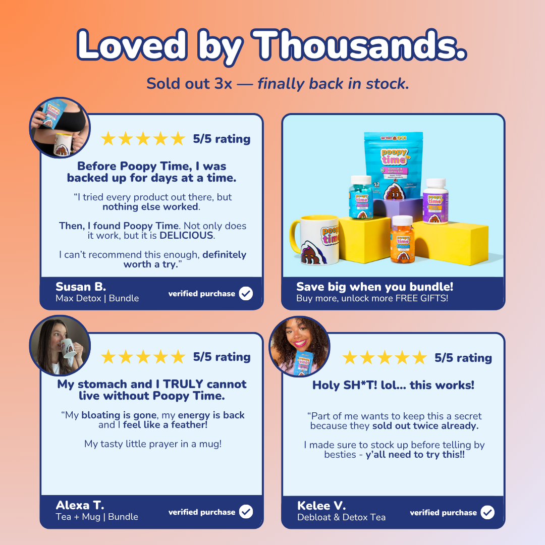 Promotional graphic for Poopy Time products with customer reviews and stock information.
