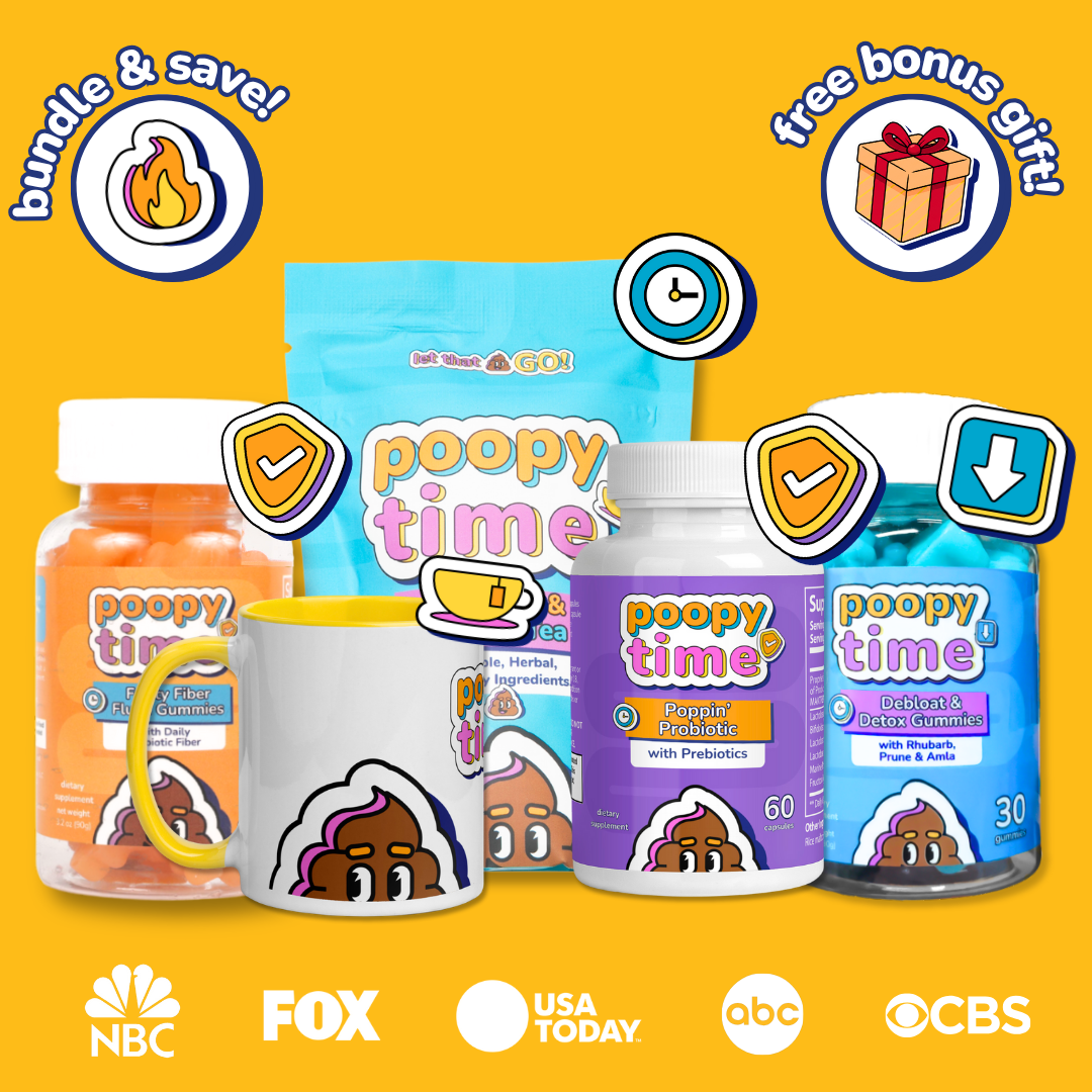 Promotional image of 'poopy time' products with branding and promotional text on a yellow background.