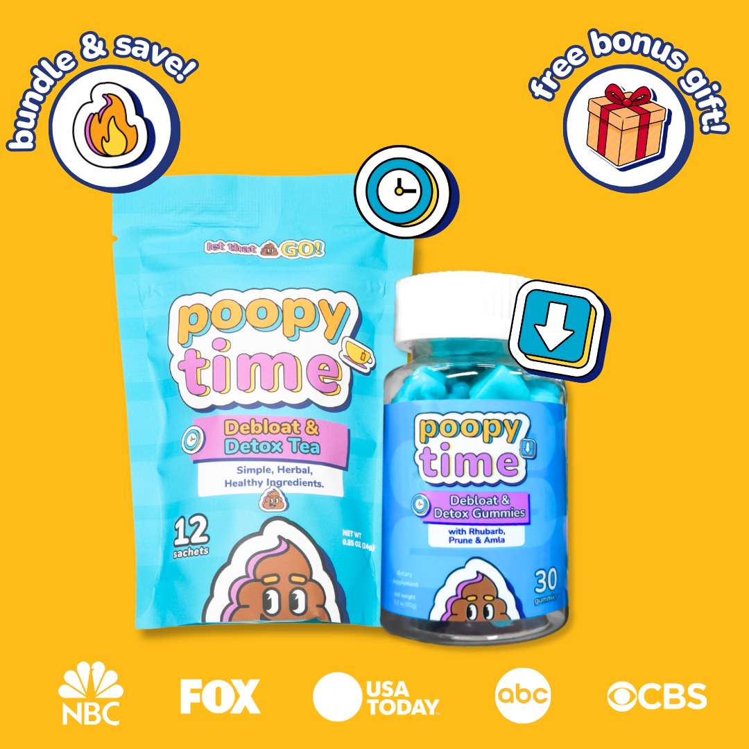 Two 'poopy time' products on a yellow background with branding logos.