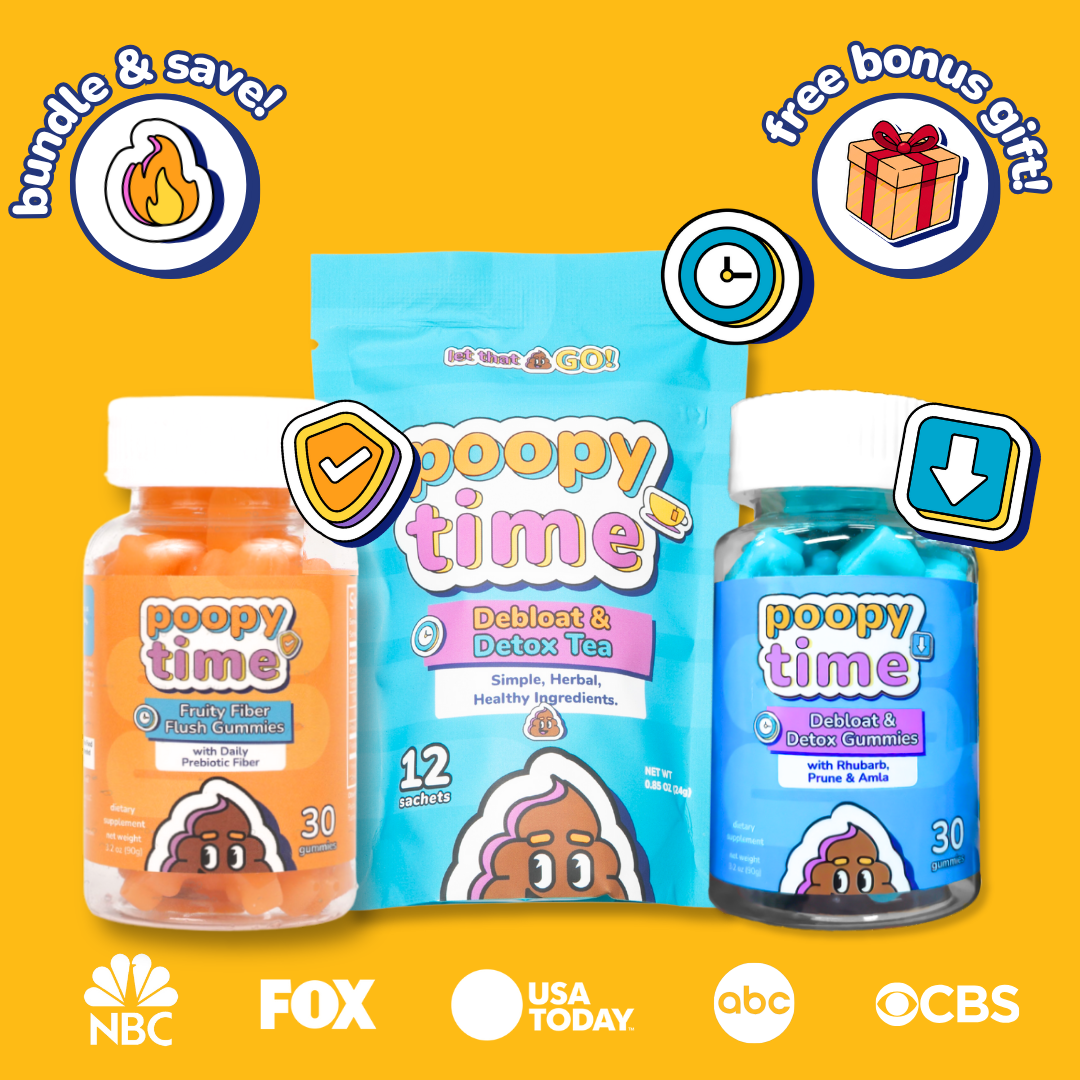 Poopy Time product packaging on a yellow background with branding logos.