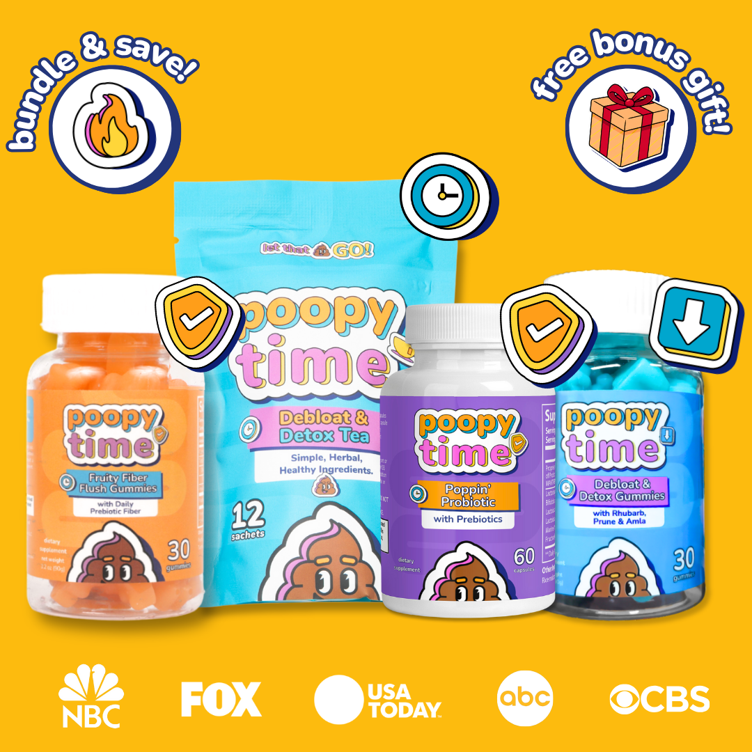 Poopy Time product packaging on a yellow background with branding logos.