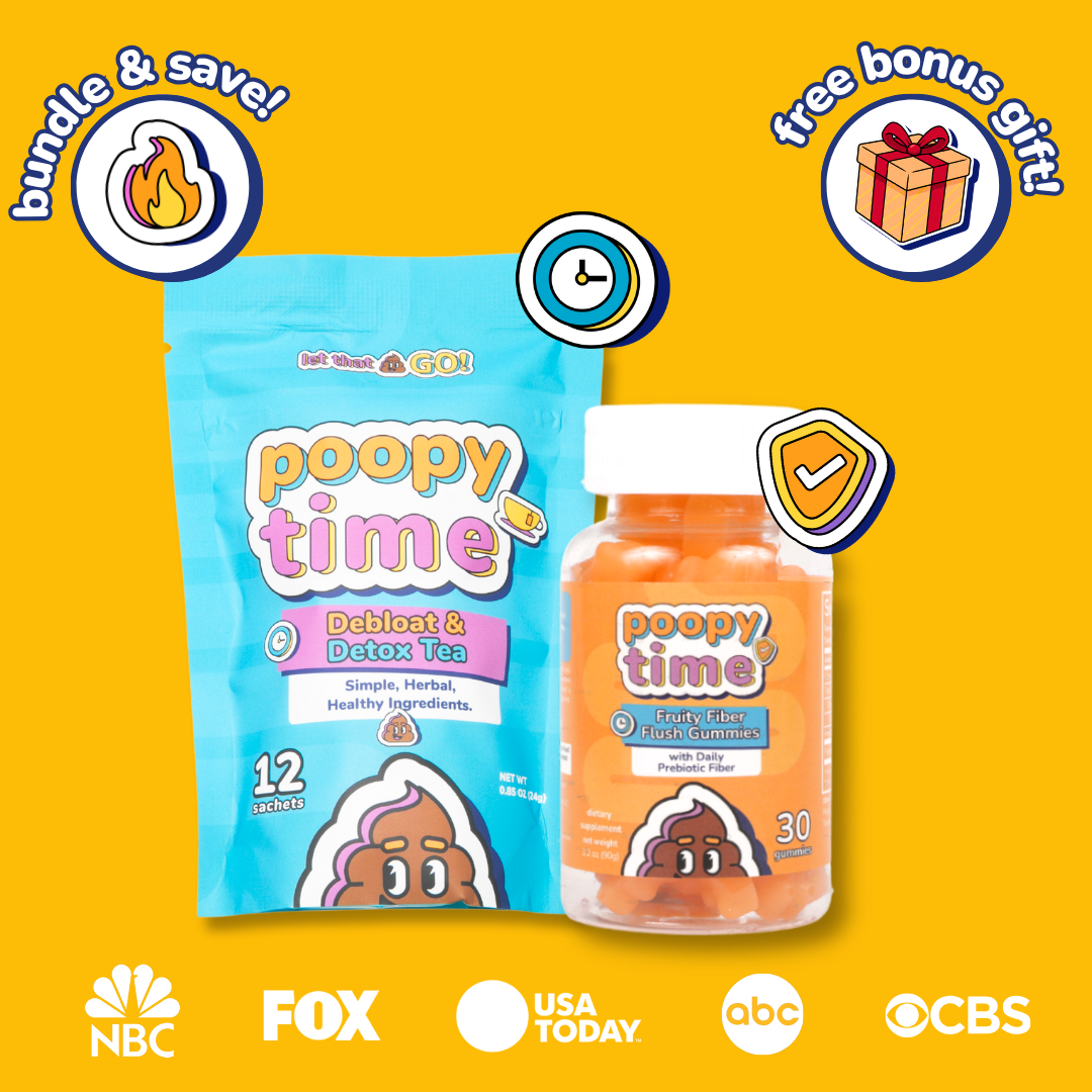 Two products labeled 'poopy time' on a yellow background with branding logos.