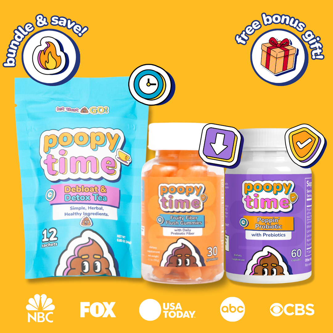 Three 'poopy time' products on a yellow background with promotional text and logos.