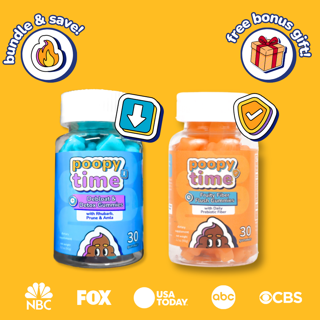 Two bottles of 'poopy time' gummies on a yellow background with promotional text and logos.