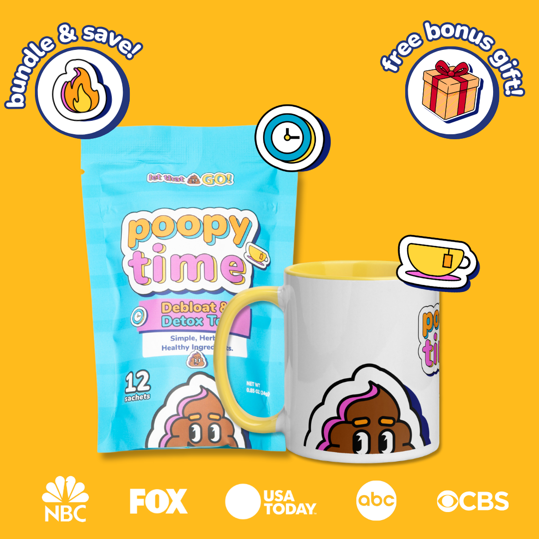 Product packaging with a mug featuring cartoon characters on a yellow background, with branding logos at the bottom.