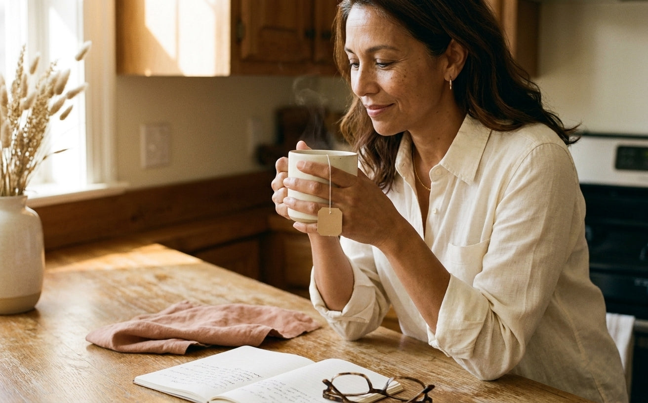 Jenna at her kitchen counter, holding a cream ceramic mug in warm morning light
