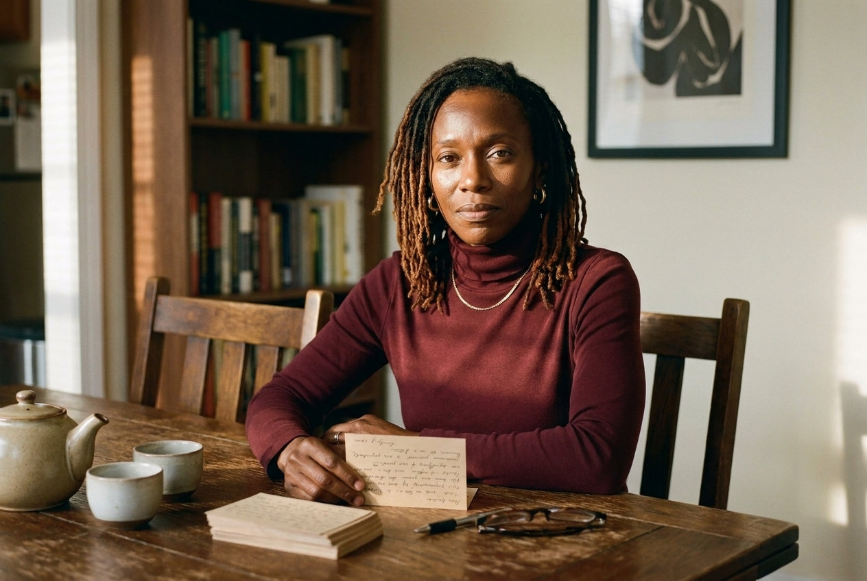 Imani Hayes seated at her dining table in late-afternoon light, a handwritten note card beside her hand